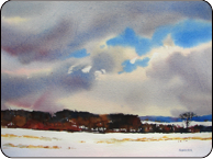 watercolor winter ladscape, snow, clouds